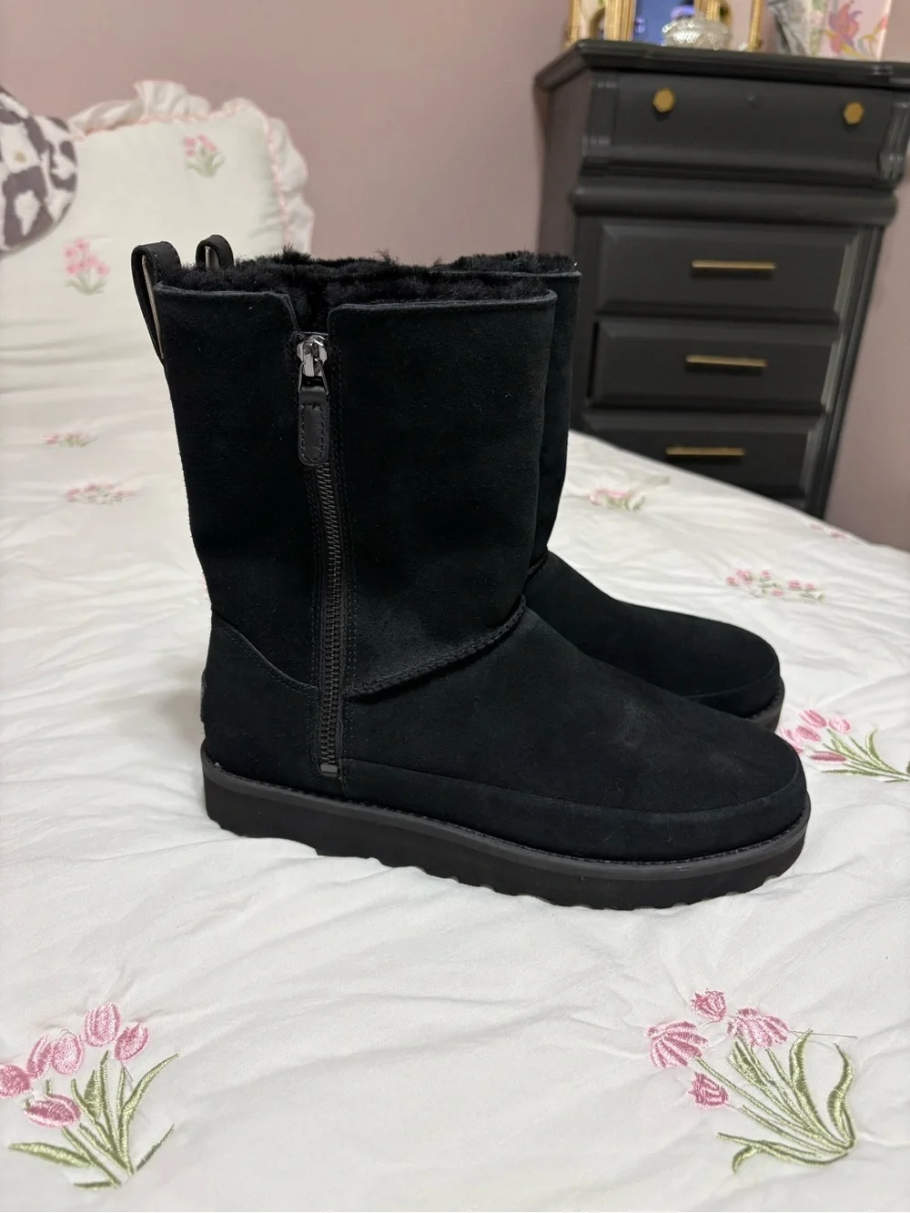 UGG Black Suede Shearling-Lined Zip Winter Boots